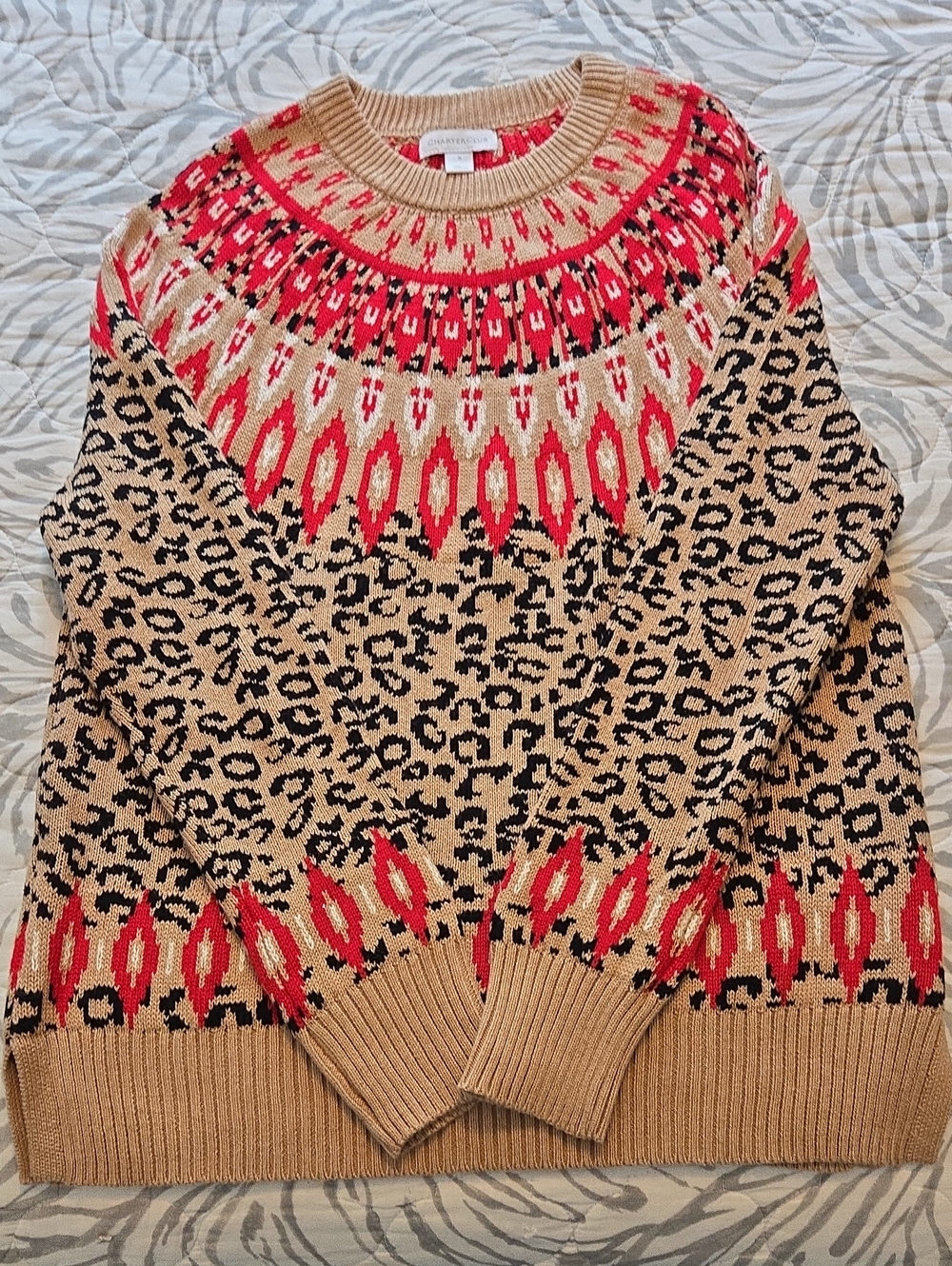 Charter Club Tan Sweater with Red & Black Animal PrinyPatterned Yoke. Size Small